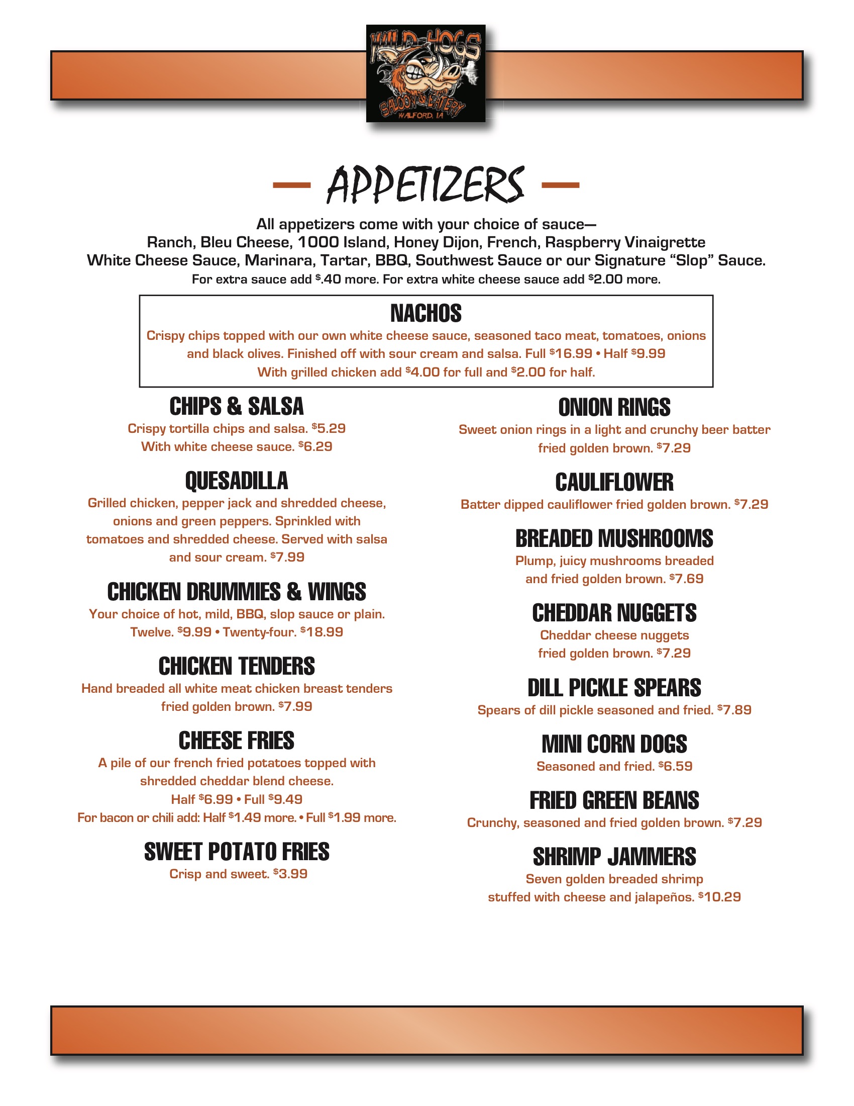 Menu Wild Hogs Saloon and Eatery