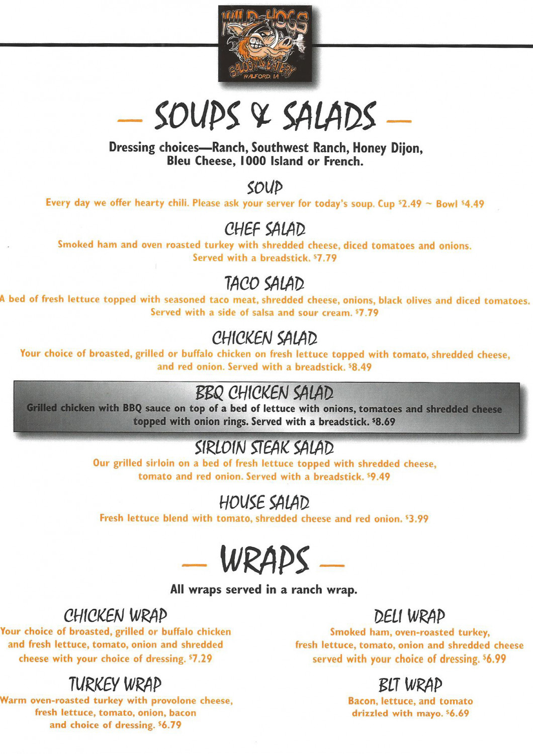 Menu Wild Hogs Saloon and Eatery